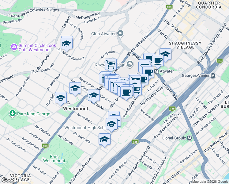 map of restaurants, bars, coffee shops, grocery stores, and more near 1327 Avenue Greene in Westmount