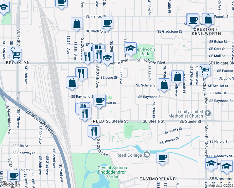map of restaurants, bars, coffee shops, grocery stores, and more near 4841 Southeast 30th Avenue in Portland