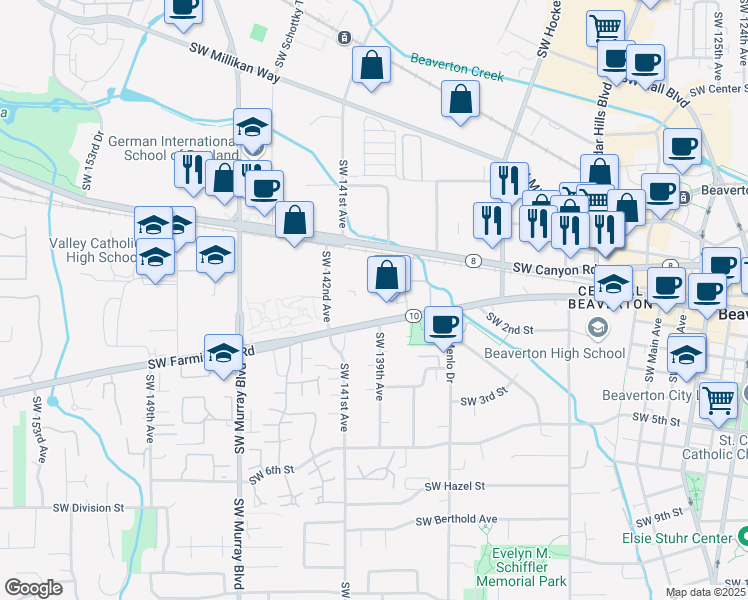 map of restaurants, bars, coffee shops, grocery stores, and more near 13935 Oregon 10 in Beaverton
