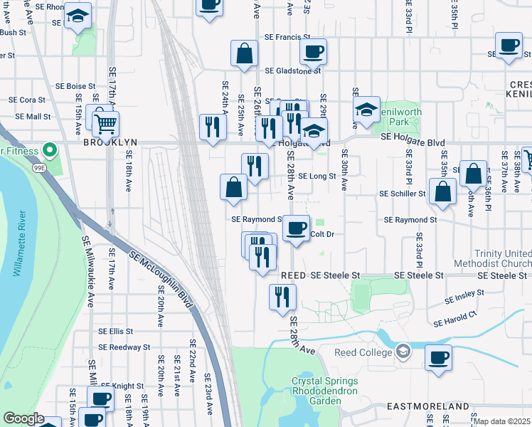map of restaurants, bars, coffee shops, grocery stores, and more near 2715 Southeast Raymond Street in Portland