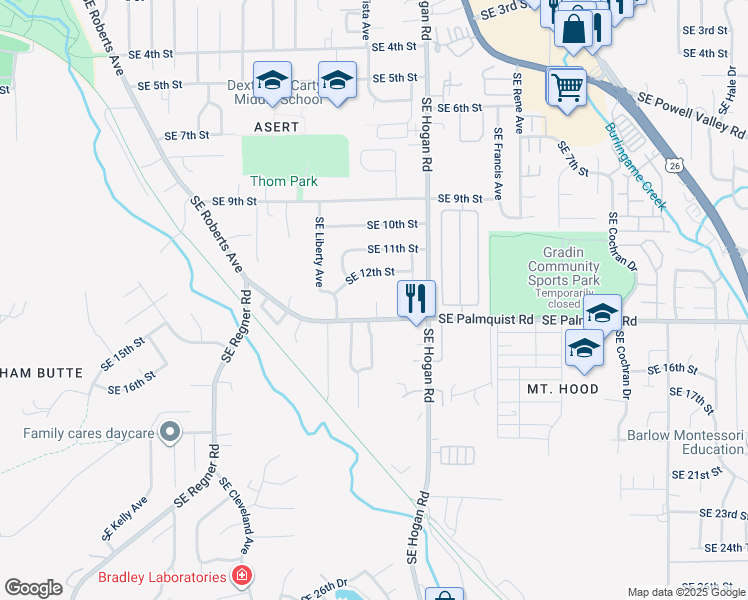 map of restaurants, bars, coffee shops, grocery stores, and more near 1519 Southeast Roberts Drive in Gresham