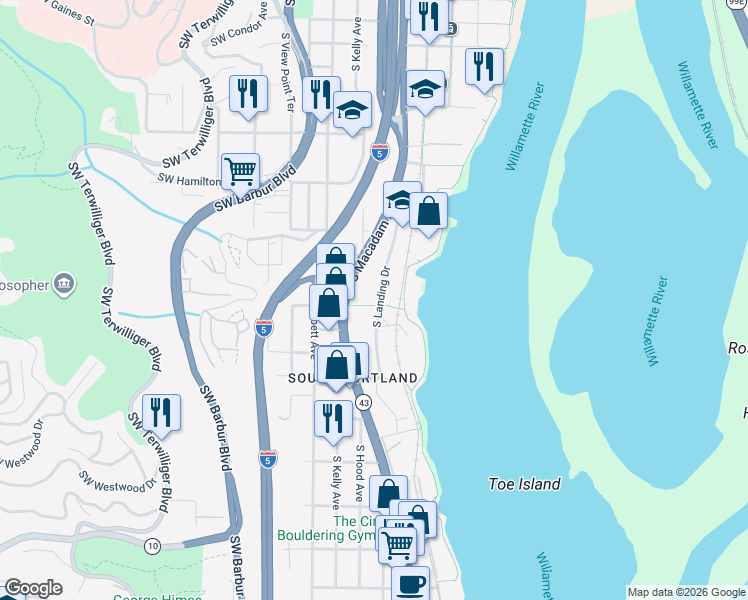 map of restaurants, bars, coffee shops, grocery stores, and more near 4980 South Landing Drive in Portland