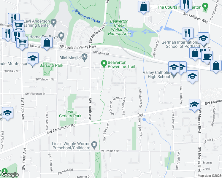 map of restaurants, bars, coffee shops, grocery stores, and more near 4562 Southwest 160th Avenue in Beaverton
