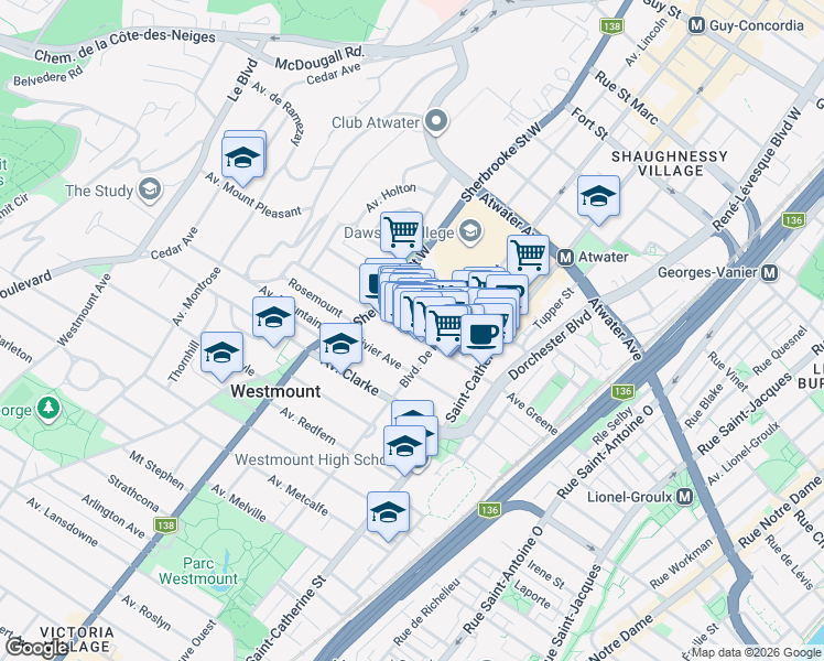 map of restaurants, bars, coffee shops, grocery stores, and more near 1331 Avenue Greene in Westmount