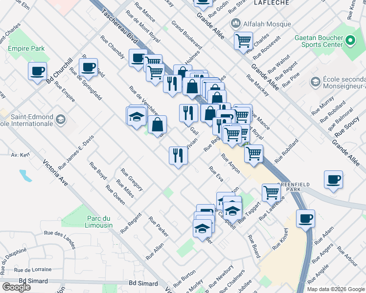 map of restaurants, bars, coffee shops, grocery stores, and more near 572 Rue Patricia in Longueuil