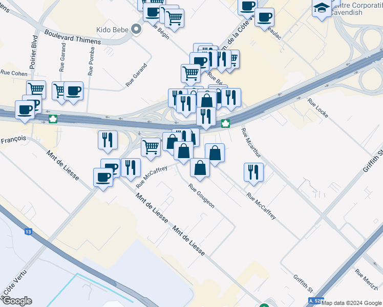 map of restaurants, bars, coffee shops, grocery stores, and more near 819 Rue McCaffrey in Montréal