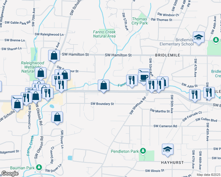 map of restaurants, bars, coffee shops, grocery stores, and more near 5839 Southwest Beaverton Hillsdale Highway in Portland