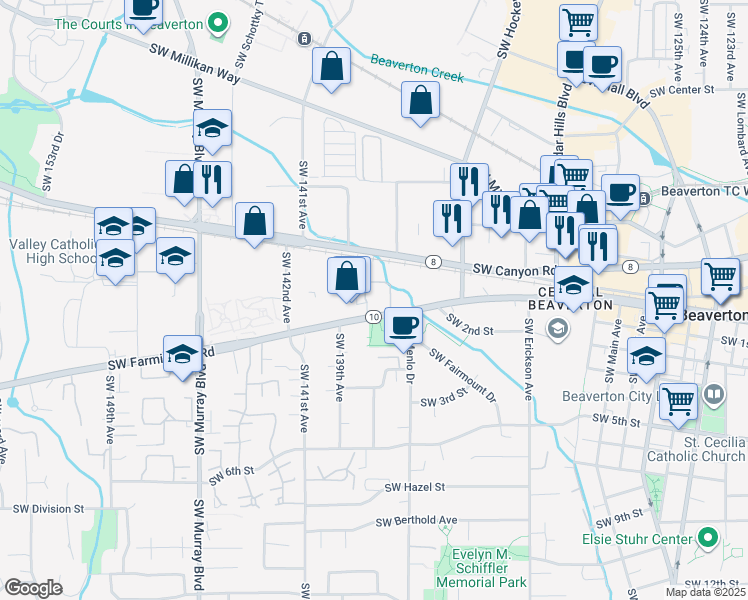 map of restaurants, bars, coffee shops, grocery stores, and more near 13779 Oregon 10 in Beaverton