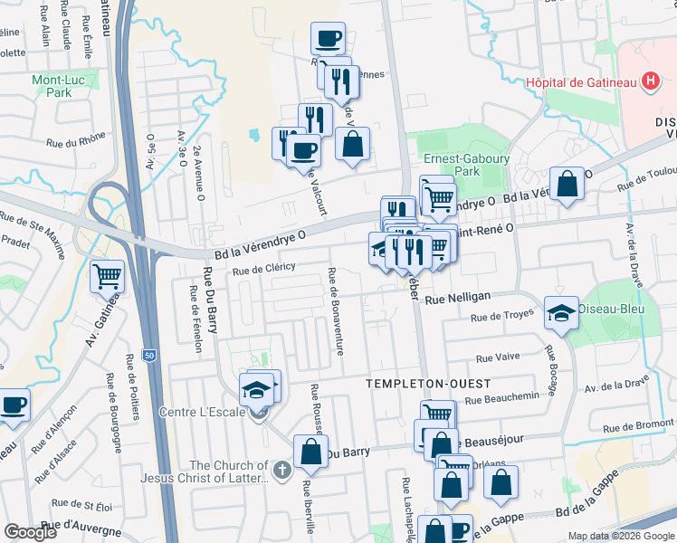 map of restaurants, bars, coffee shops, grocery stores, and more near 47 Rue de Bonaventure in Gatineau
