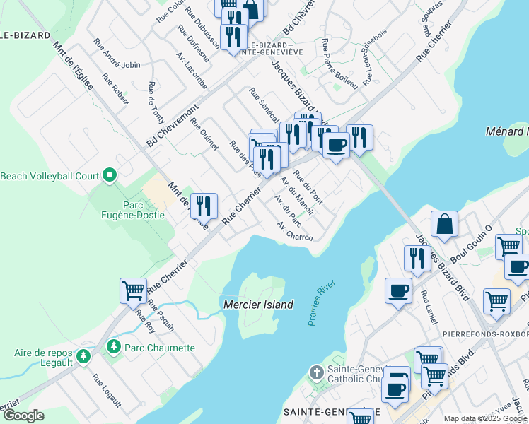 map of restaurants, bars, coffee shops, grocery stores, and more near 96 Avenue Charron in Montréal