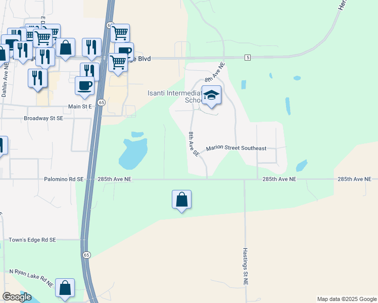 map of restaurants, bars, coffee shops, grocery stores, and more near 303 8th Avenue Southeast in Isanti