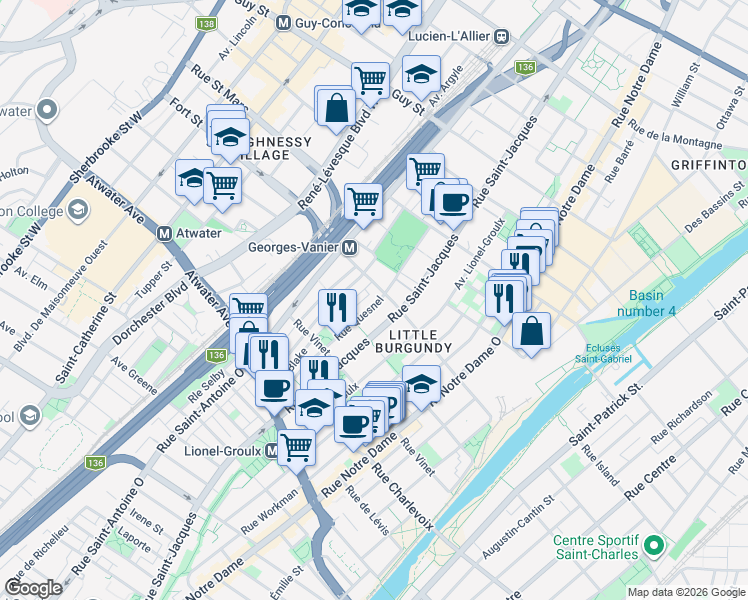 map of restaurants, bars, coffee shops, grocery stores, and more near 2227 Rue Quesnel in Montréal