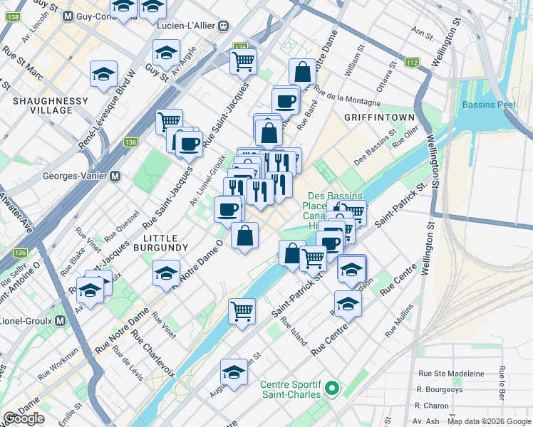 map of restaurants, bars, coffee shops, grocery stores, and more near 373 Rue des Seigneurs in Montréal