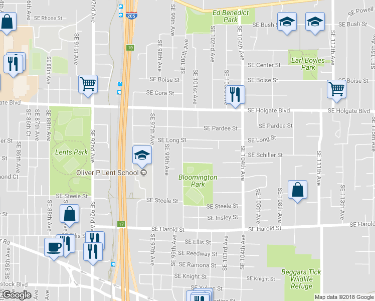 map of restaurants, bars, coffee shops, grocery stores, and more near 10012 Southeast Schiller Street in Portland