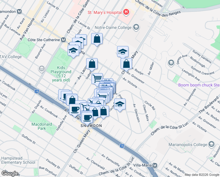 map of restaurants, bars, coffee shops, grocery stores, and more near 4885 Chemin Queen Mary in Montréal