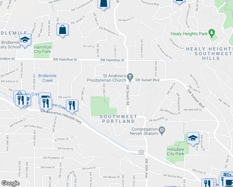 map of restaurants, bars, coffee shops, grocery stores, and more near 4829 Southwest Stonebrook Court in Portland