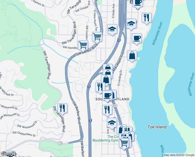 map of restaurants, bars, coffee shops, grocery stores, and more near 05 Southwest Richardson Street in Portland