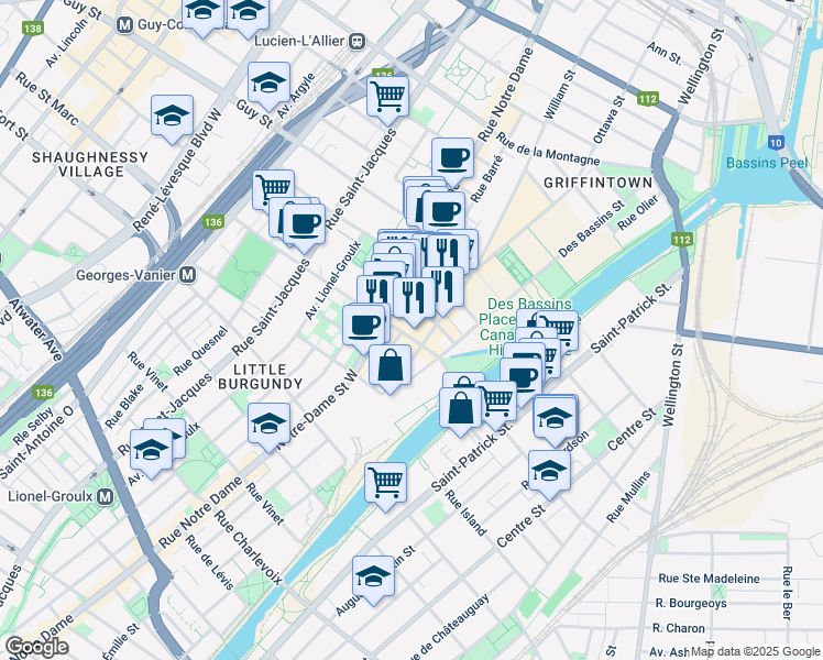 map of restaurants, bars, coffee shops, grocery stores, and more near 377 Rue des Seigneurs in Montréal