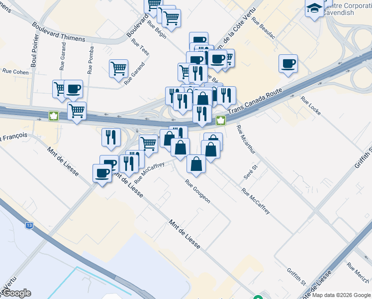 map of restaurants, bars, coffee shops, grocery stores, and more near 819 Rue McCaffrey in Montréal