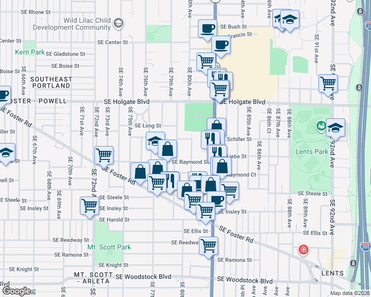 map of restaurants, bars, coffee shops, grocery stores, and more near 4871 Southeast 80th Avenue in Portland