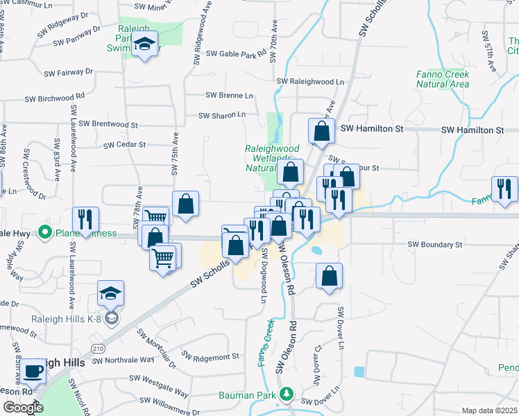 map of restaurants, bars, coffee shops, grocery stores, and more near 4505 Southwest Dogwood Lane in Portland
