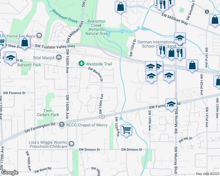 map of restaurants, bars, coffee shops, grocery stores, and more near 4800 Southwest Mueller Drive in Beaverton