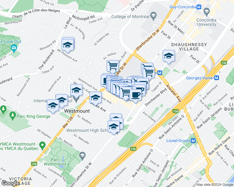 map of restaurants, bars, coffee shops, grocery stores, and more near 1331 Avenue Greene in Westmount