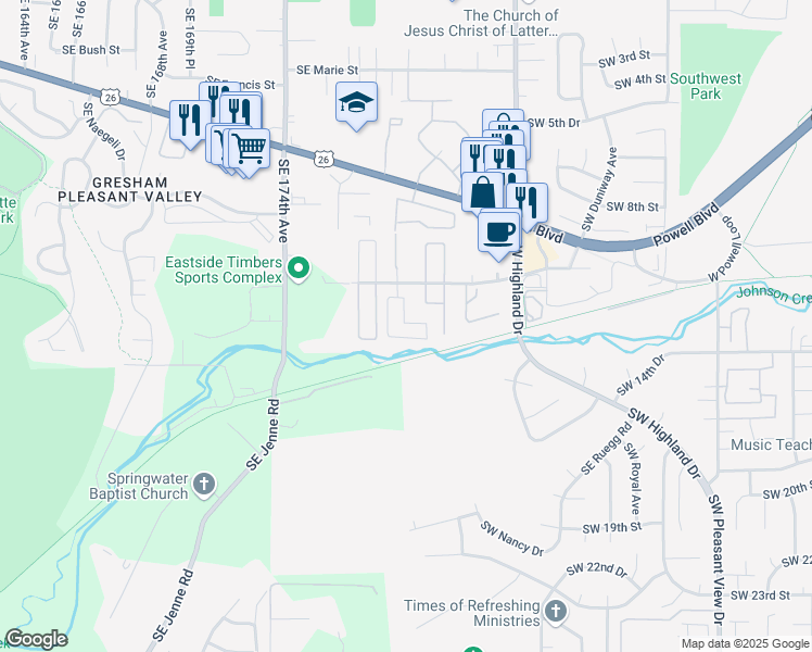 map of restaurants, bars, coffee shops, grocery stores, and more near 4850 Southwest 11th Street in Gresham