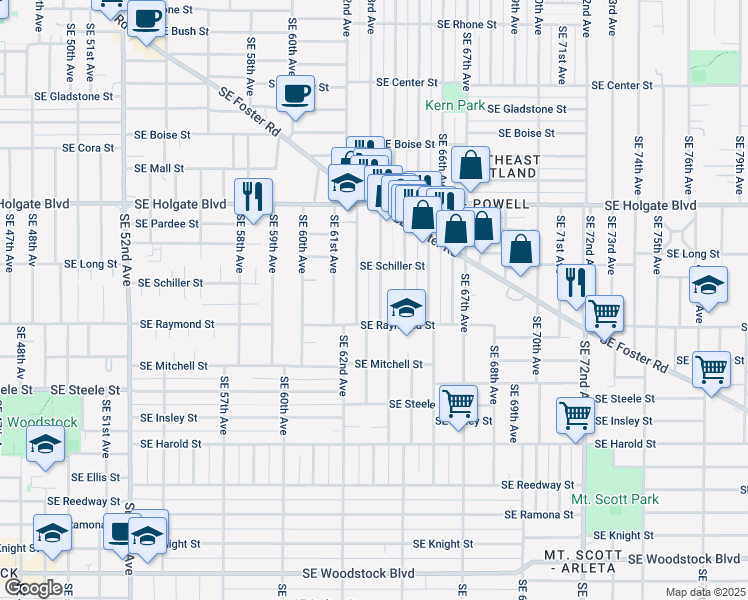 map of restaurants, bars, coffee shops, grocery stores, and more near 4849 Southeast 63rd Avenue in Portland