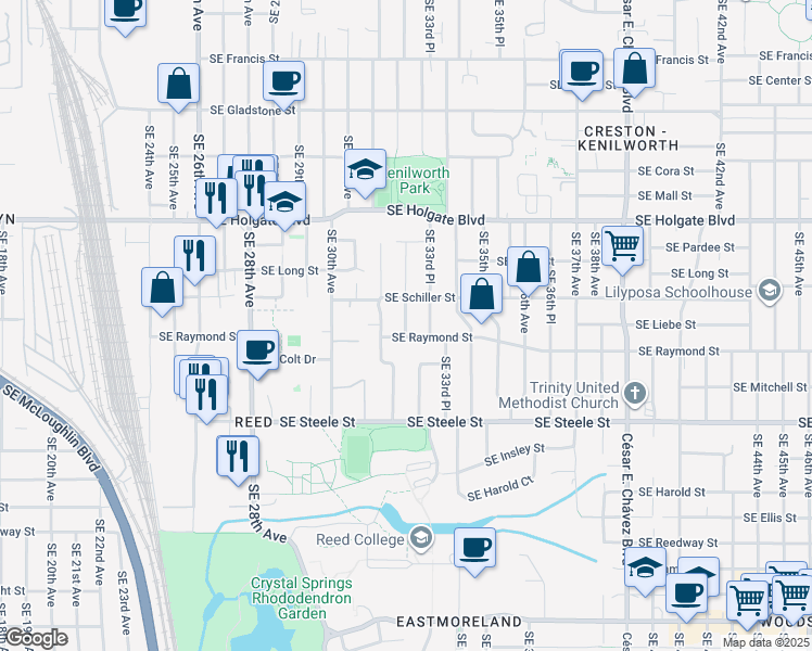 map of restaurants, bars, coffee shops, grocery stores, and more near 4912 Southeast 33rd Avenue in Portland