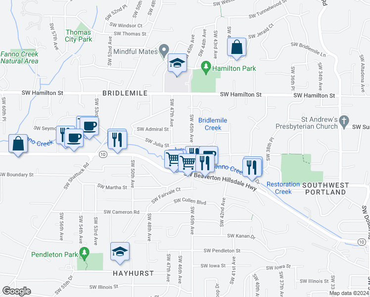 map of restaurants, bars, coffee shops, grocery stores, and more near 4925 Southwest 45th Avenue in Portland