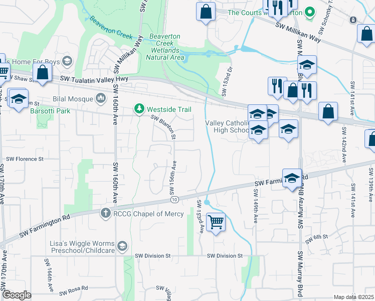 map of restaurants, bars, coffee shops, grocery stores, and more near 4450 Southwest Mueller Drive in Beaverton
