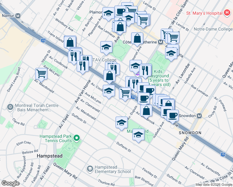 map of restaurants, bars, coffee shops, grocery stores, and more near 5320 Avenue Bourret in Montréal