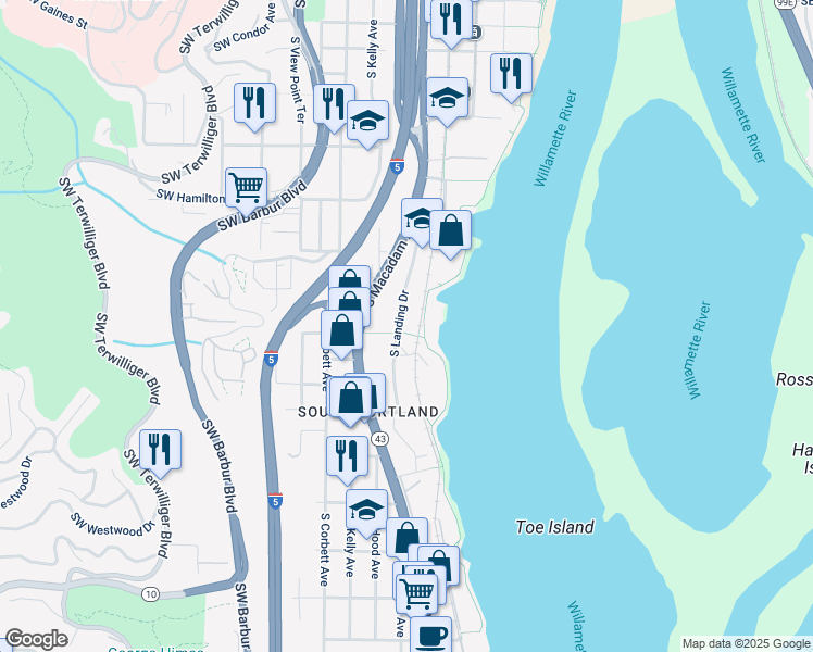 map of restaurants, bars, coffee shops, grocery stores, and more near 4990 Southwest Landing Drive in Portland