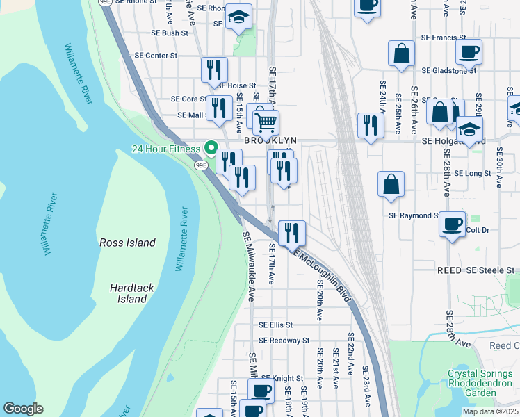 map of restaurants, bars, coffee shops, grocery stores, and more near 4806 Southeast 16th Avenue in Portland