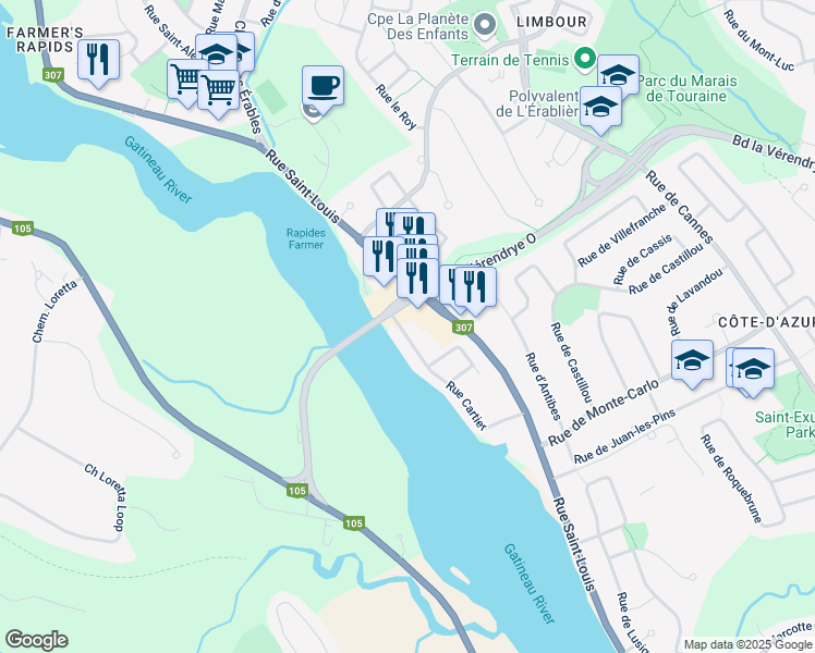 map of restaurants, bars, coffee shops, grocery stores, and more near 9 Rue Cartier in Gatineau