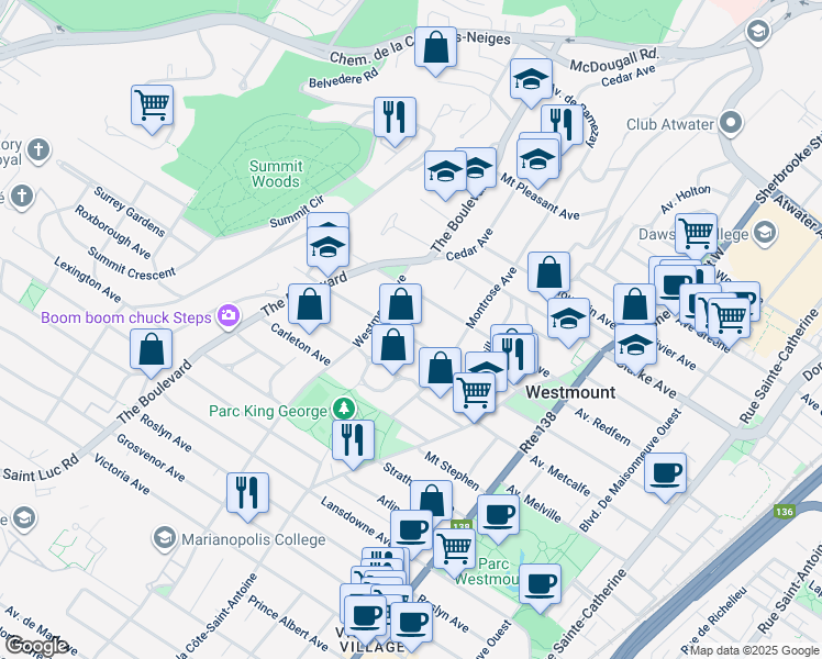map of restaurants, bars, coffee shops, grocery stores, and more near 39 Aberdeen Avenue in Westmount