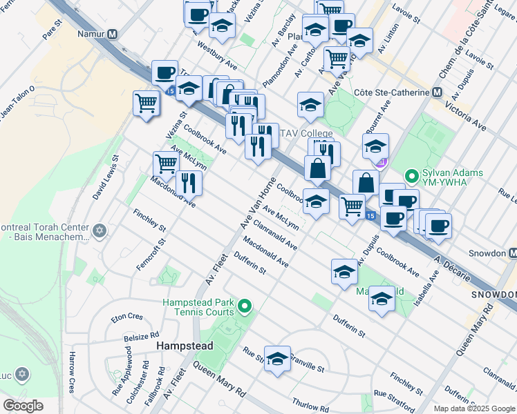 map of restaurants, bars, coffee shops, grocery stores, and more near 5462 Avenue Van Horne in Montréal