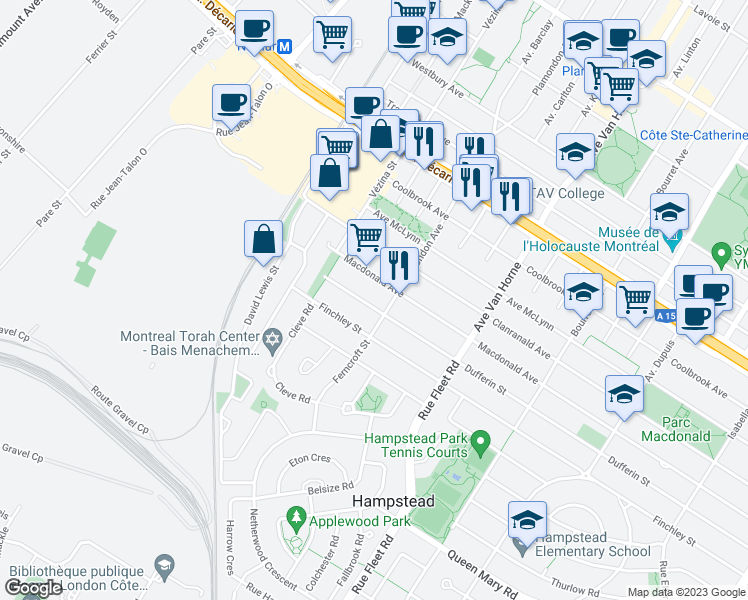 map of restaurants, bars, coffee shops, grocery stores, and more near 449 Rue Dufferin in Hampstead