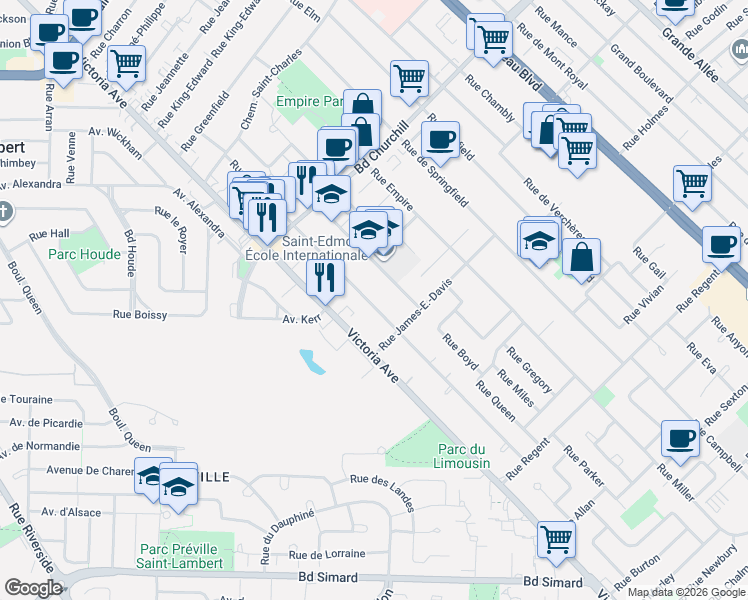 map of restaurants, bars, coffee shops, grocery stores, and more near 372 Rue Murray in Longueuil