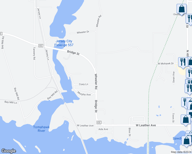 map of restaurants, bars, coffee shops, grocery stores, and more near County Road CC in Tomahawk
