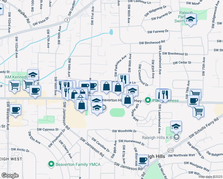 map of restaurants, bars, coffee shops, grocery stores, and more near 8900 Southwest Whitepine Lane in Portland