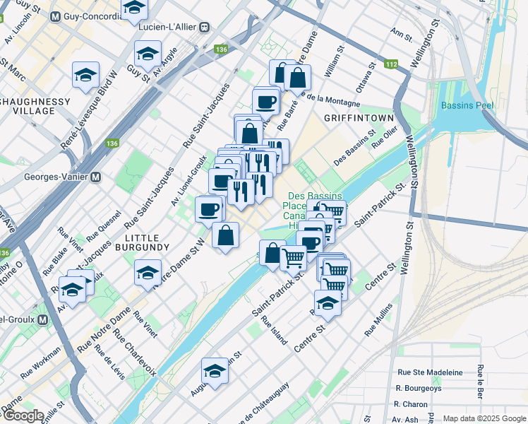 map of restaurants, bars, coffee shops, grocery stores, and more near in Montreal