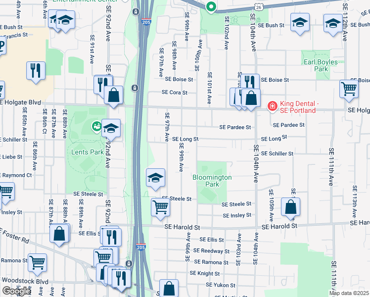 map of restaurants, bars, coffee shops, grocery stores, and more near 4736 Southeast 99th Avenue in Portland