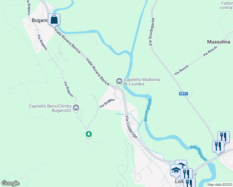 map of restaurants, bars, coffee shops, grocery stores, and more near 106 Via Bugano in Longare