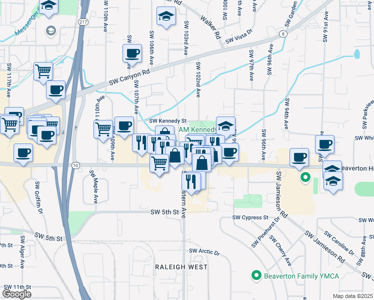 map of restaurants, bars, coffee shops, grocery stores, and more near 10180 Southwest Laurel Street in Beaverton