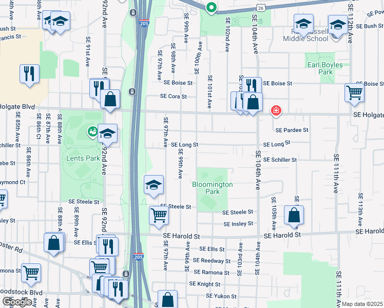 map of restaurants, bars, coffee shops, grocery stores, and more near 4736 Southeast 99th Avenue in Portland