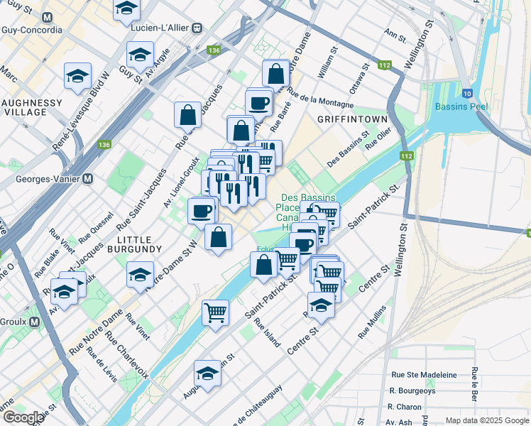 map of restaurants, bars, coffee shops, grocery stores, and more near 1725 Rue des Bassins in Montréal