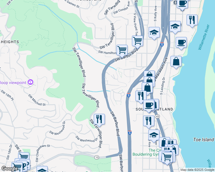 map of restaurants, bars, coffee shops, grocery stores, and more near 4950 Southwest Barbur Boulevard in Portland
