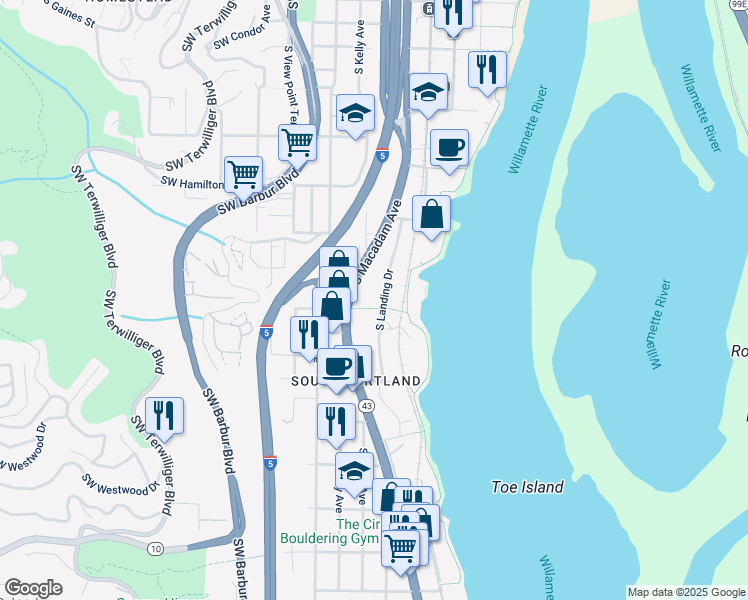 map of restaurants, bars, coffee shops, grocery stores, and more near 4980 South Landing Drive in Portland